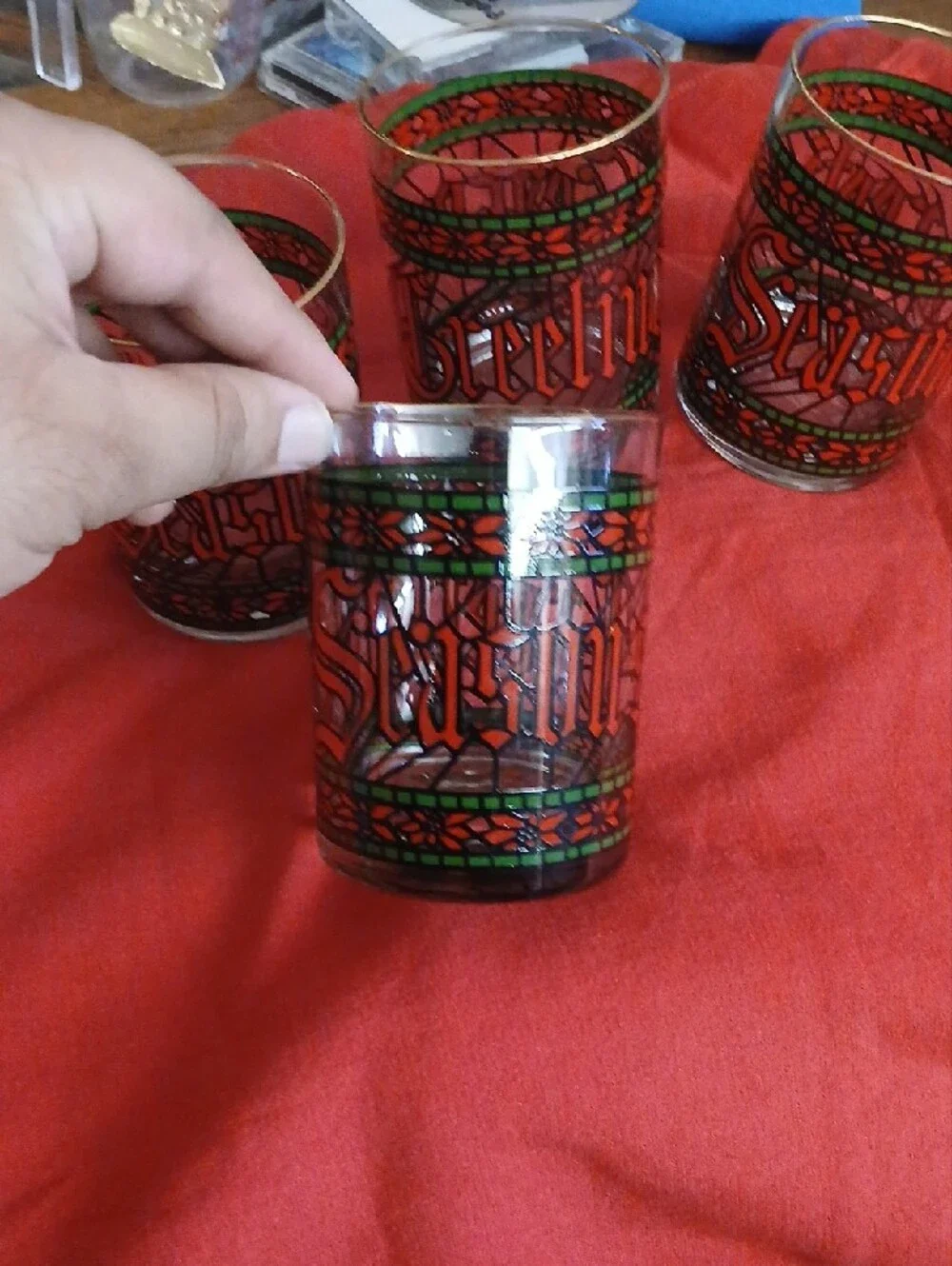 Set of 4 Festive Red and Green Glass Tumblers